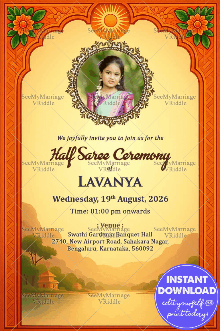 Mountains and River Scenery Half Saree Ceremony Invitation Card with Add Photo and Orange-Gold Theme