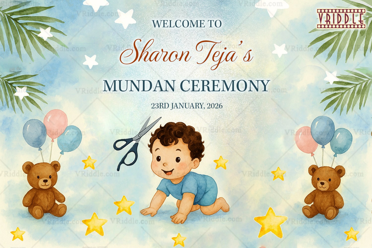Mundan Ceremony Welcome Sign Board with Baby Illustration Teddy Bears in Watercolor Theme
