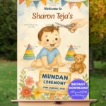 Mundan Ceremony Welcome Sign Board with Baby Illustration in Watercolor Cream Theme