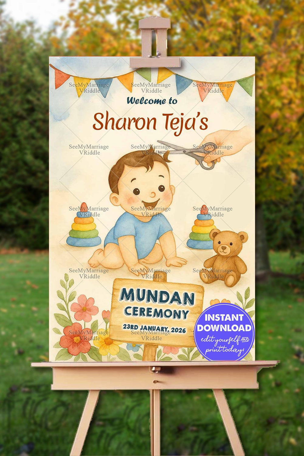 Mundan Ceremony Welcome Sign Board with Baby Illustration in Watercolor Cream Theme