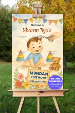 Mundan Ceremony Welcome Sign Board with Baby Illustration in Watercolor Cream Theme