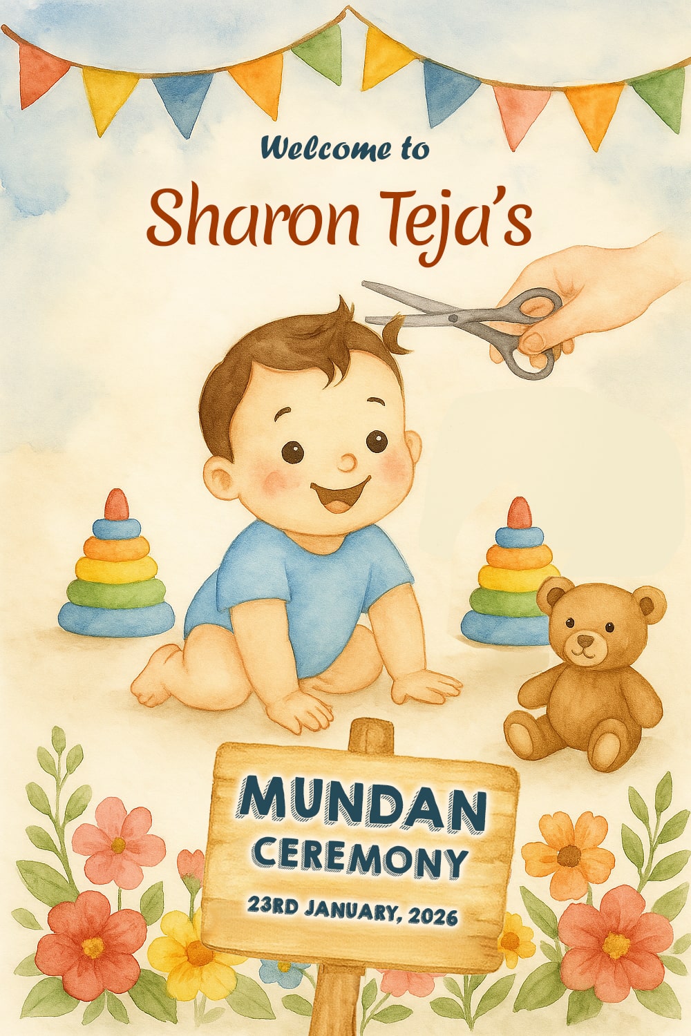Mundan Ceremony Welcome Sign Board with Baby Illustration in Watercolor Cream Theme