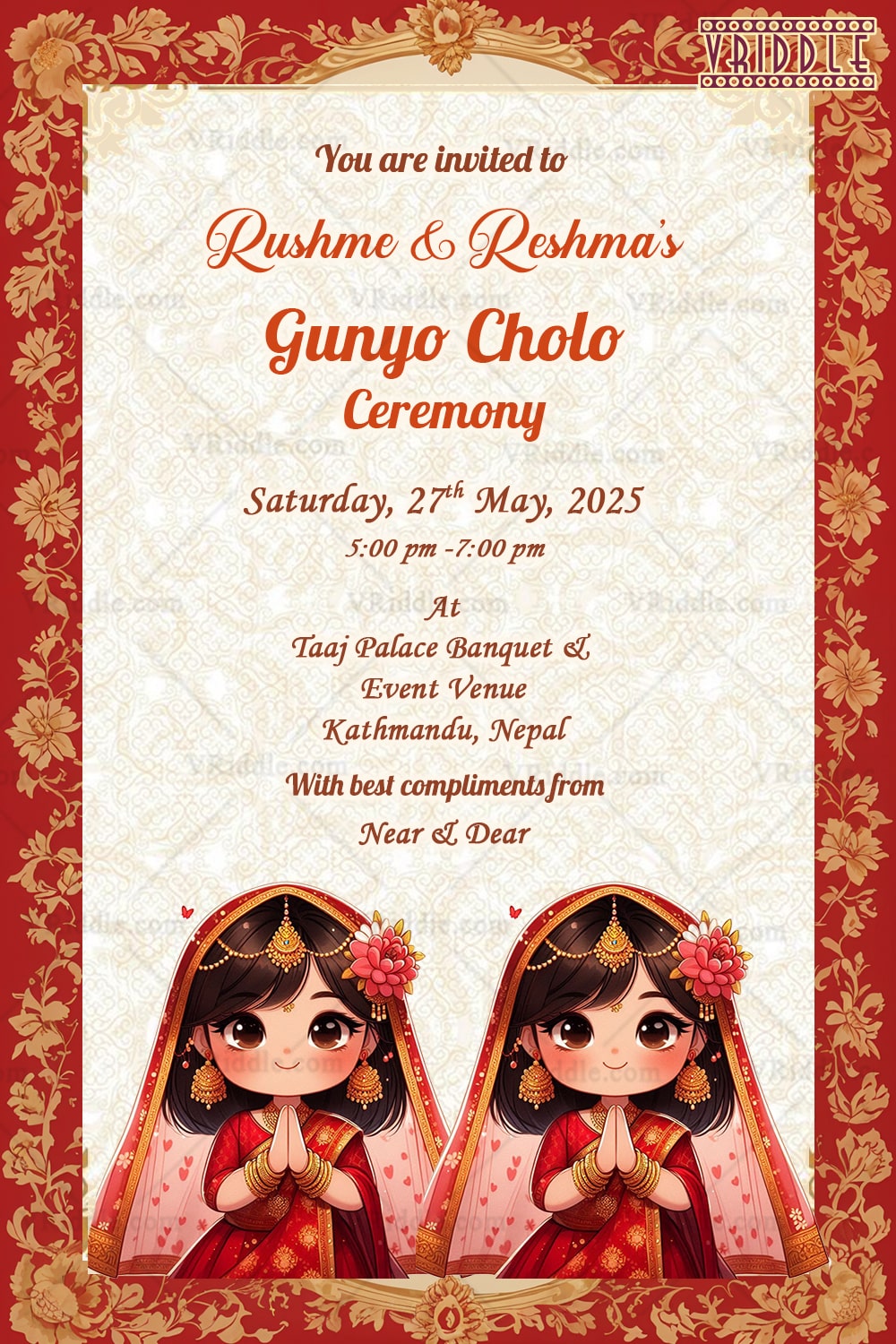 Nepali Traditional Red Theme Invitation for Gunyo Cholo Ceremony Twin Sisters with Cute Girl Illustrations