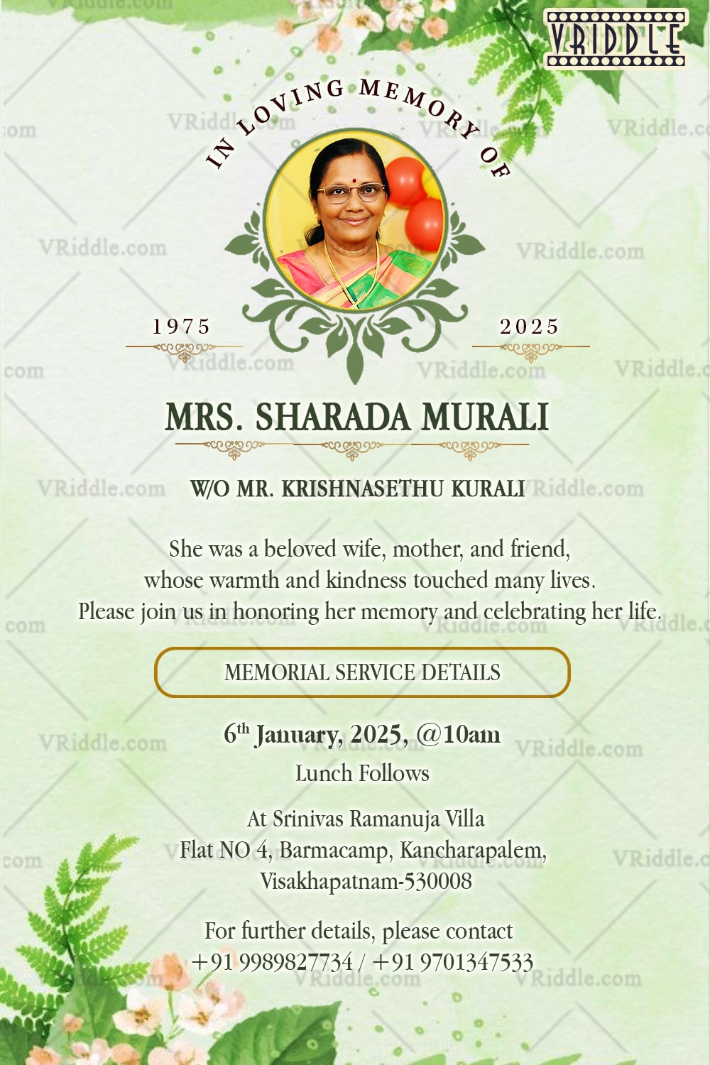 Green Floral Tribute Obituary Invitation Card for Life Celebration and Peaceful Farewell