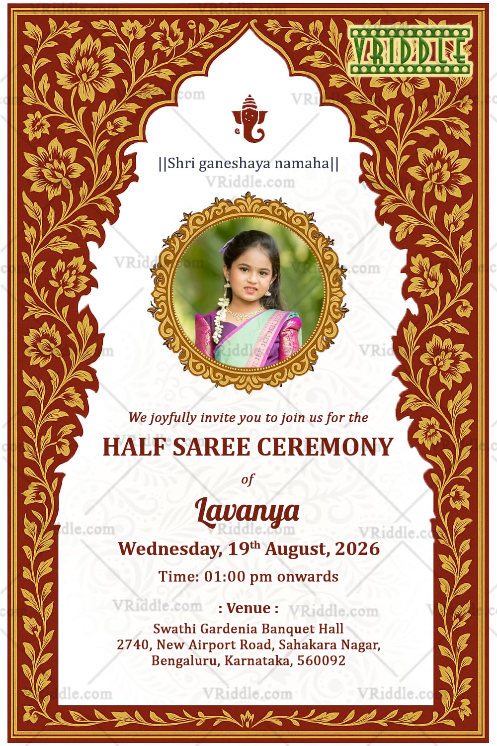 Ornamental Patterns Half Saree Ceremony Invitation Card with Add Photo