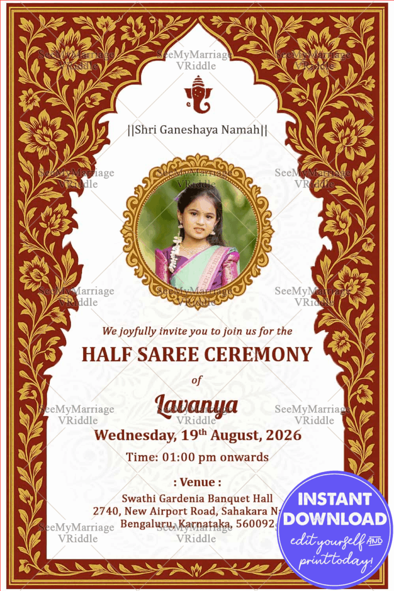 Ornamental Patterns Half Saree Ceremony Invitation Card with Add Photo