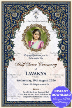 Paisley Patterns Theme Half Saree Invitation Card with Add Photo and Floral Design