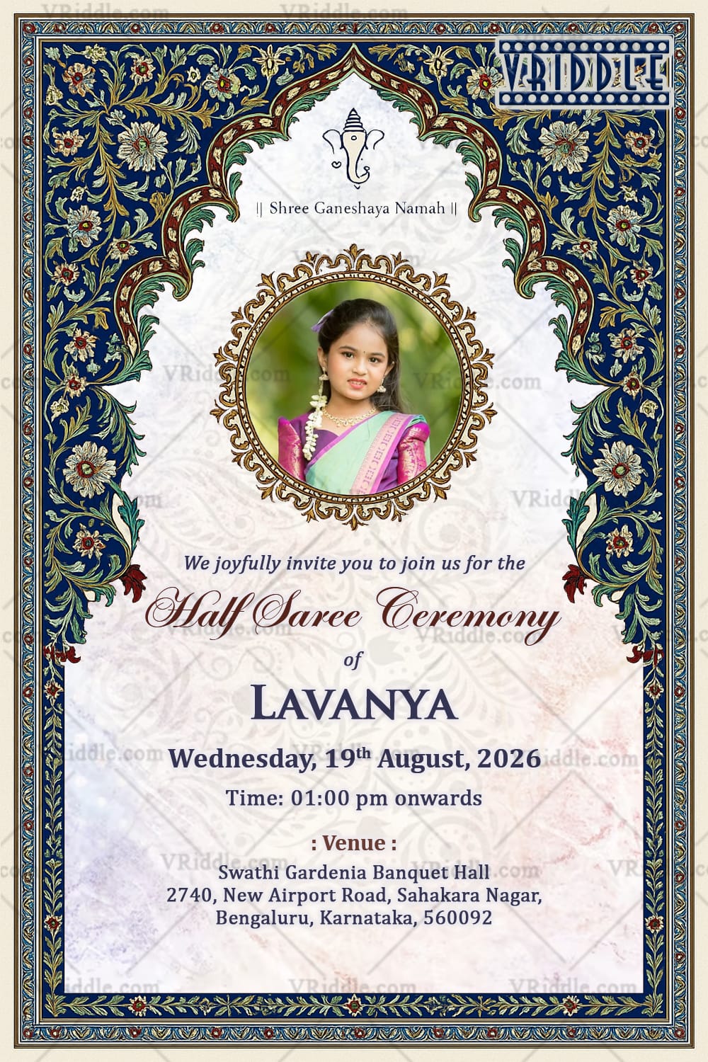 Paisley Patterns Theme Half Saree Invitation Card with Add Photo and Floral Design