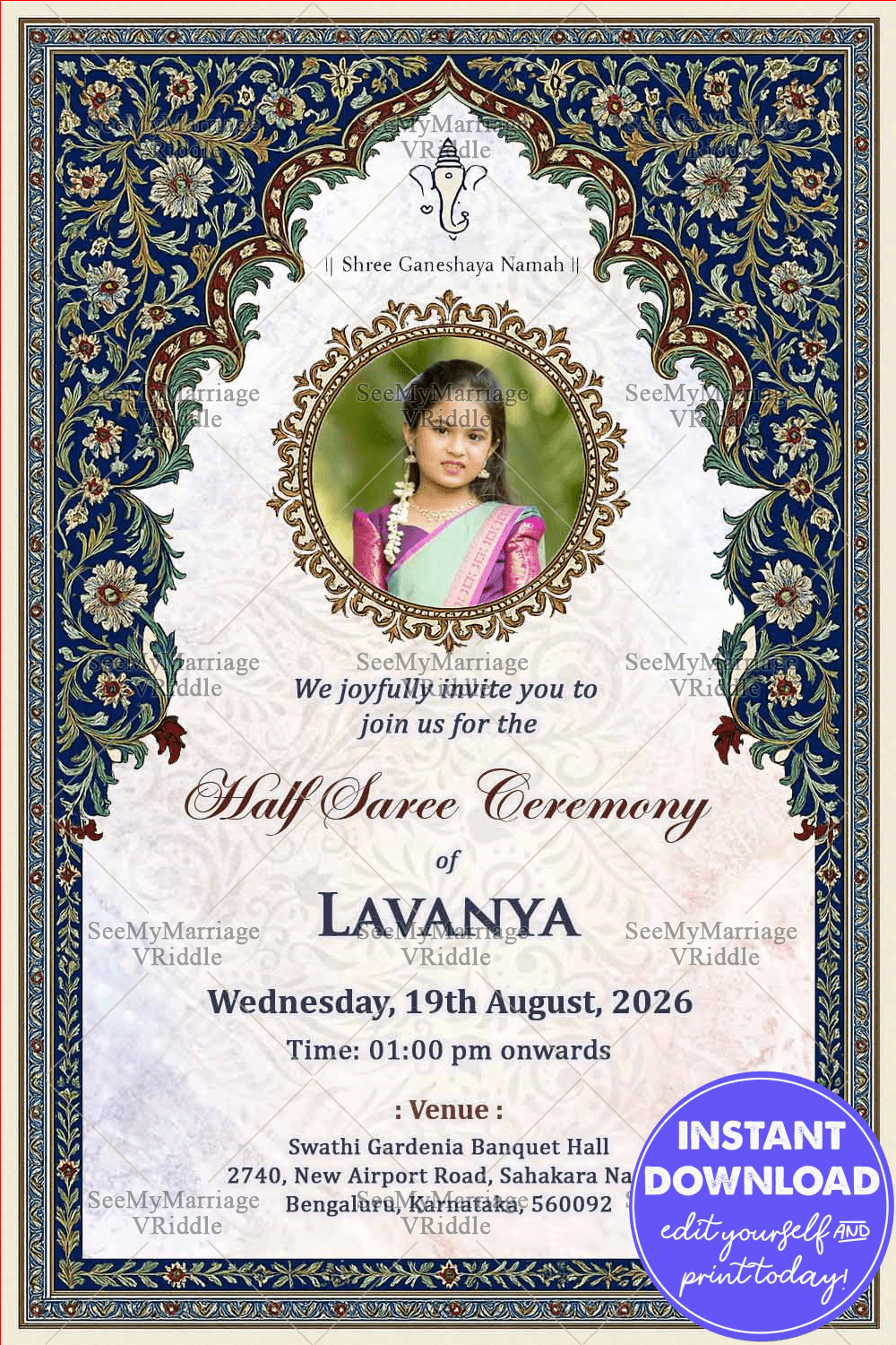 Paisley Patterns Theme Half Saree Invitation Card with Add Photo and Floral Design