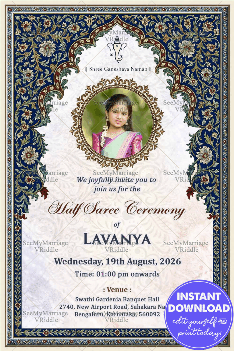 Paisley Patterns Theme Half Saree Invitation Card with Add Photo and Floral Design