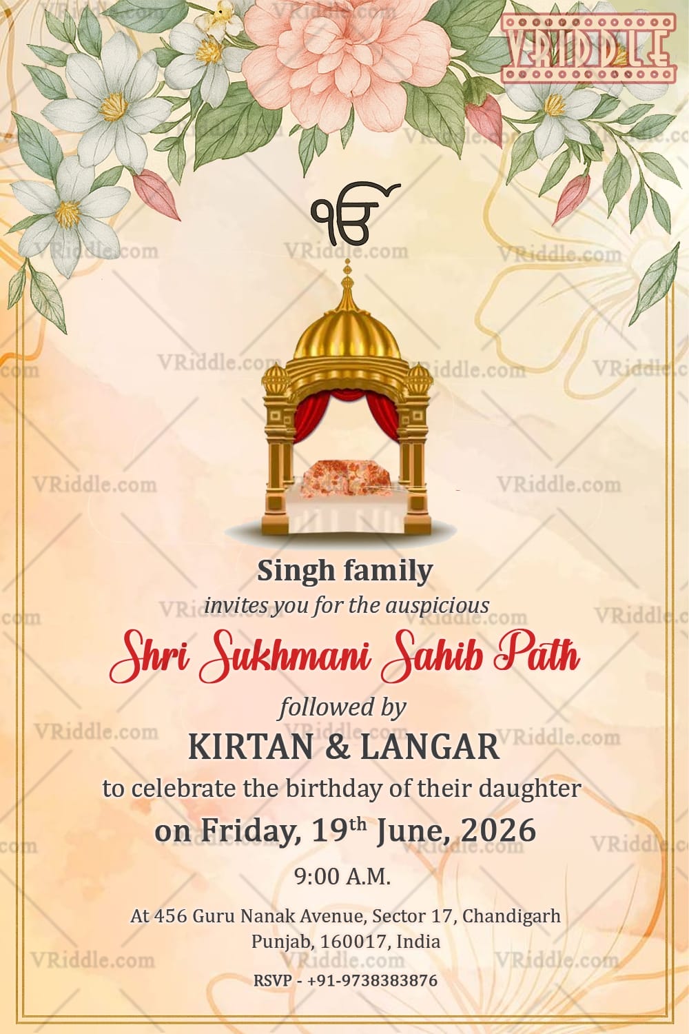 Palki Sukhmani Sahib Path Invitation for Daughter's Birthday with Digital Sikh Invitations, Punjabi Invites, Pastel Floral Paath Invitations, Invite Templates