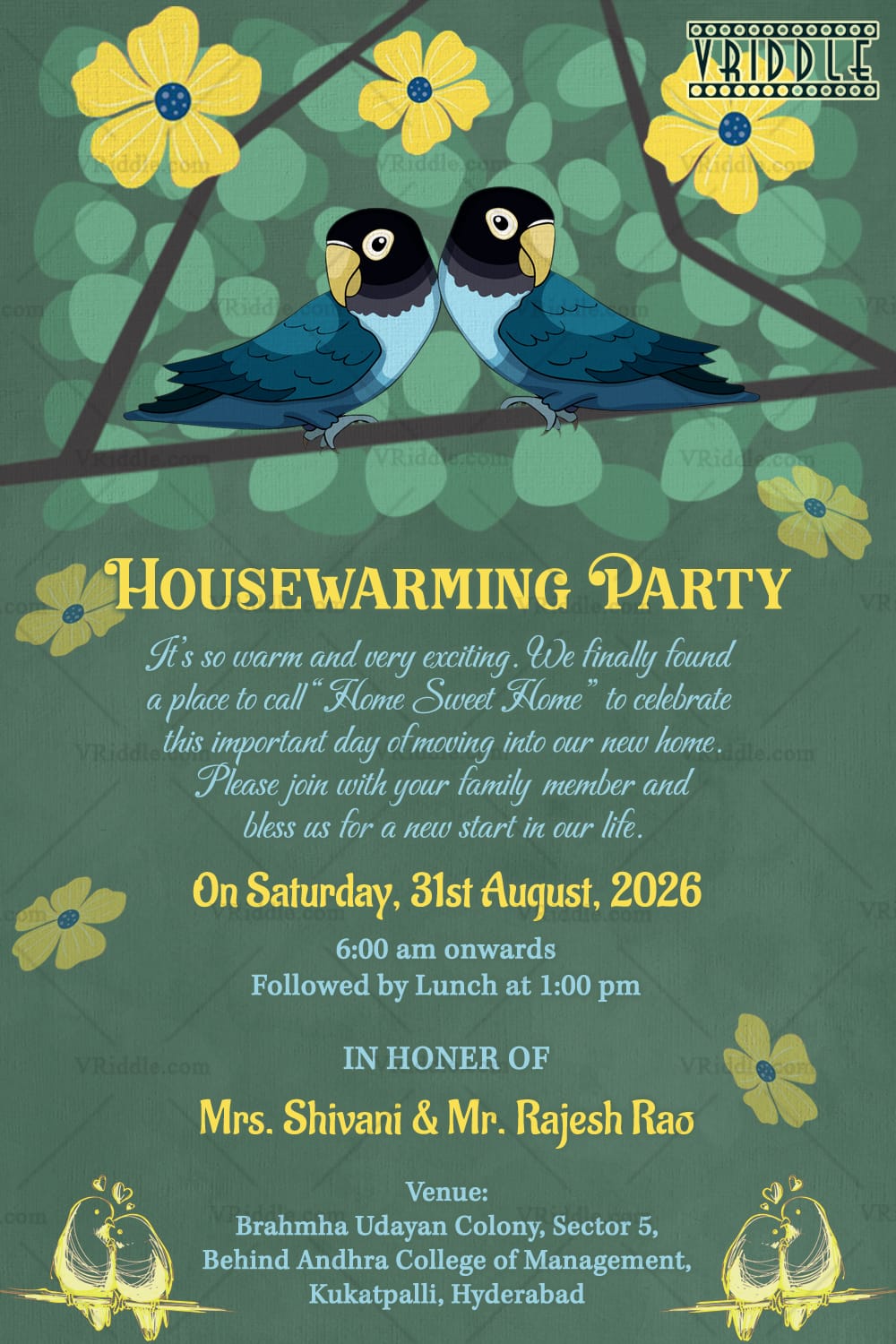 Parrot Pair Housewarming Invitation Card with Floral Design, Elegant Script and Event Details