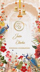 Peacock Garden Wedding Invitation Video with Couple Caricatures, Gold Monogram and Haldi, Mehendi, Sangeet