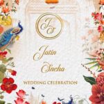 Peacock Garden Wedding Invitation Video with Couple Caricatures, Gold Monogram and Haldi, Mehendi, Sangeet
