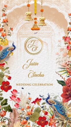 Peacock Garden Wedding Invitation Video with Couple Caricatures, Gold Monogram and Haldi, Mehendi, Sangeet