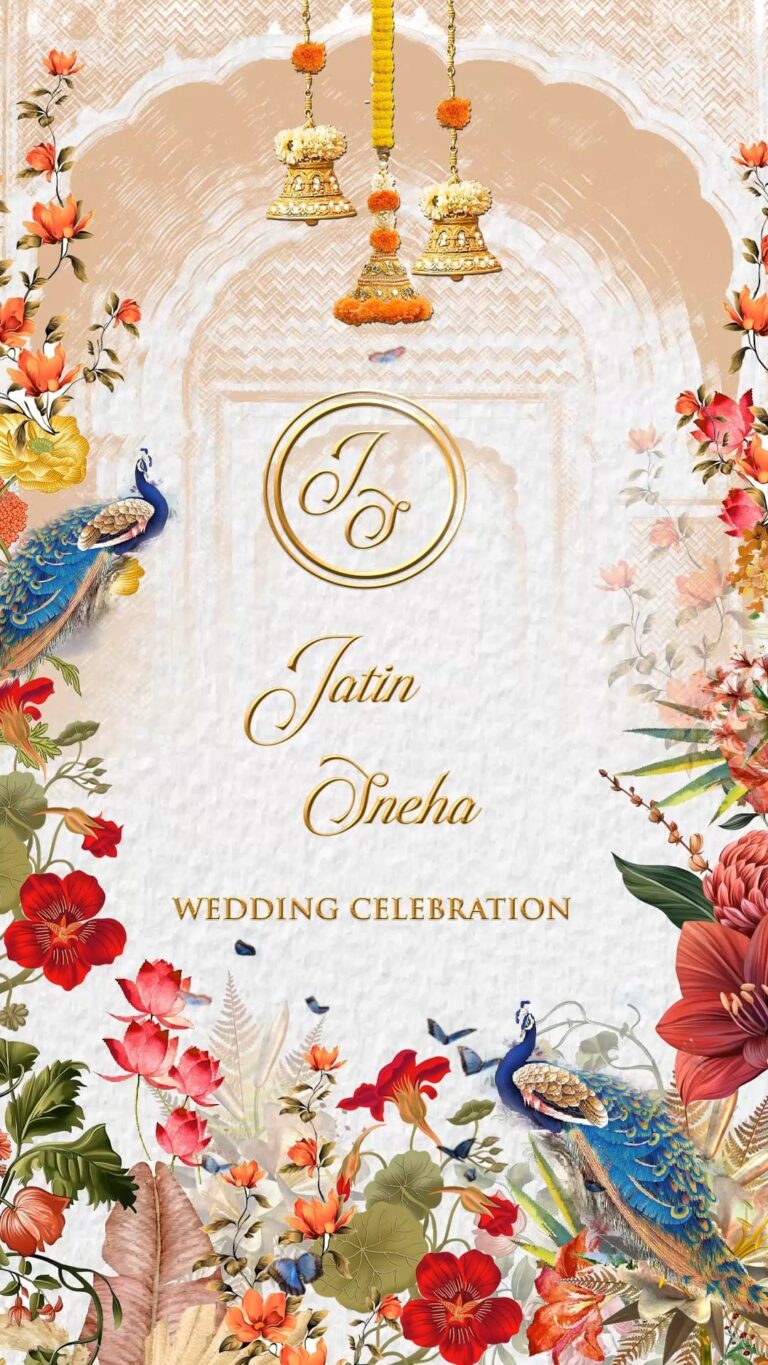 Peacock Garden Wedding Invitation Video with Couple Caricatures, Gold Monogram and Haldi, Mehendi, Sangeet