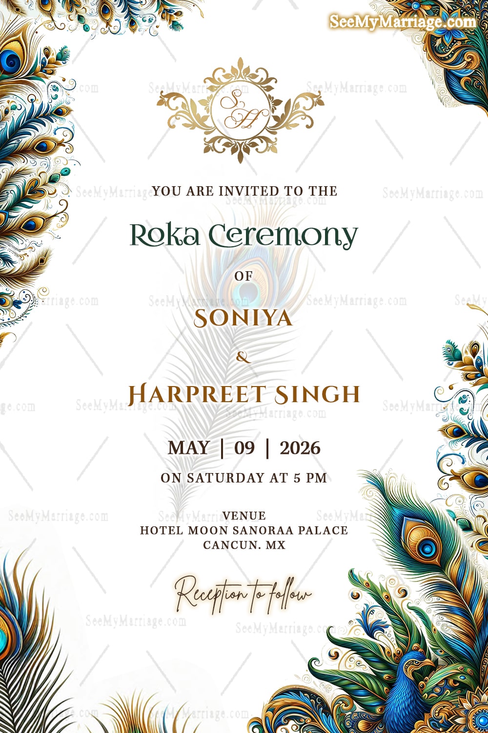Peacock Inspired Roka Ceremony Invitation with Elegant Indian Royal Theme and Artistic Charm