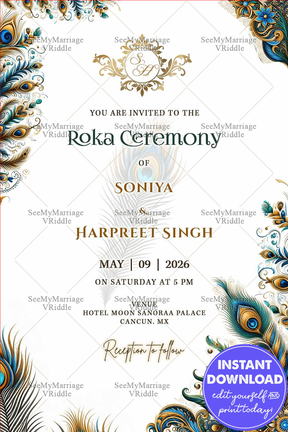 Peacock Inspired Roka Ceremony Invitation with Elegant Indian Royal Theme and Artistic Charm