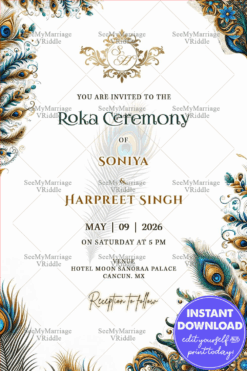 Peacock Inspired Roka Ceremony Invitation with Elegant Indian Royal Theme and Artistic Charm