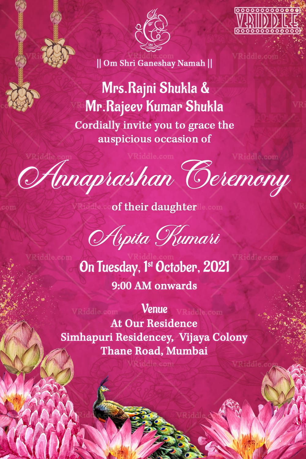 Pink Theme Annaprashan Ceremony Invitation Card with Peacock, Lotus and Ganesha Motif