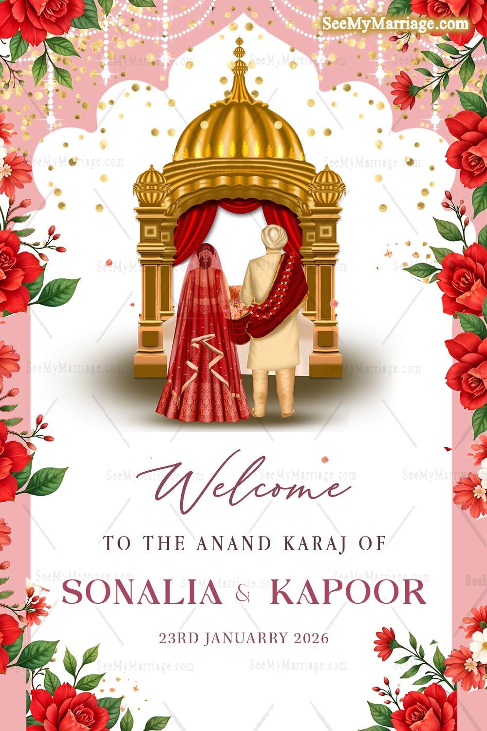 Anand Karaj Welcome Sign Board with Traditional Couple, Red Floral Theme & Golden Mandap