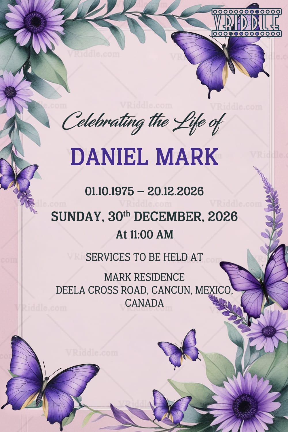 Purple Butterflies Funeral Announcement Card with Purple Flowers and Memorial Details