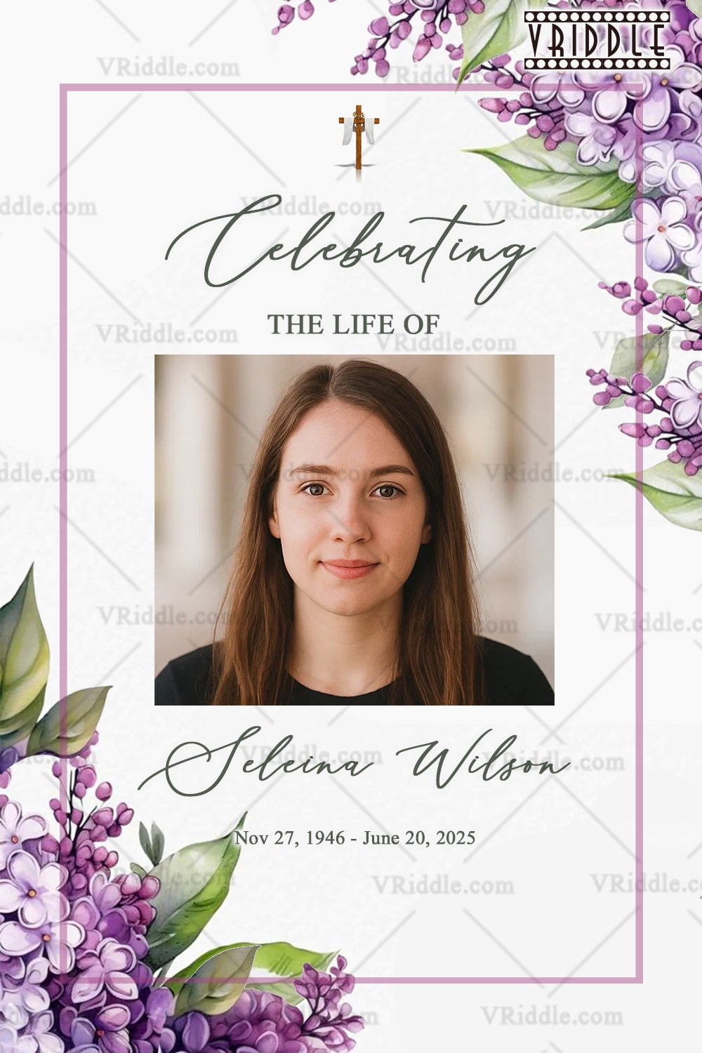 Christian Memorial Card Design with Photo Option featuring Lavender Flowers In White Theme