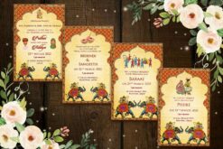 Rajasthani Theme Wedding Invitation Suite with Royal Elephant Motifs and Mehndi, Sangeeth, Baraat, Phere