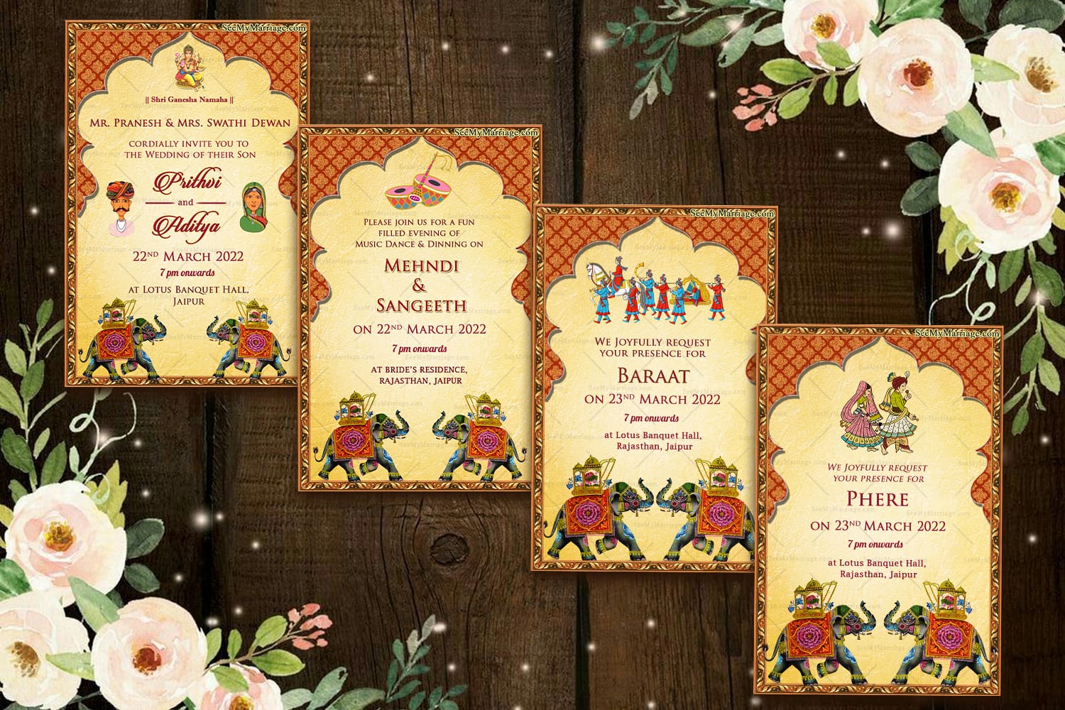 Rajasthani Theme Wedding Invitation Suite with Royal Elephant Motifs and Mehndi, Sangeeth, Baraat, Phere