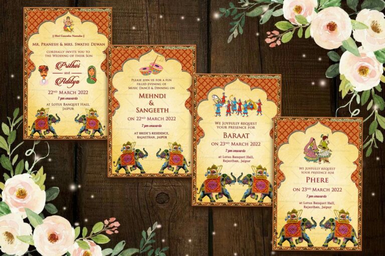 Rajasthani Theme Wedding Invitation Suite with Royal Elephant Motifs and Mehndi, Sangeeth, Baraat, Phere