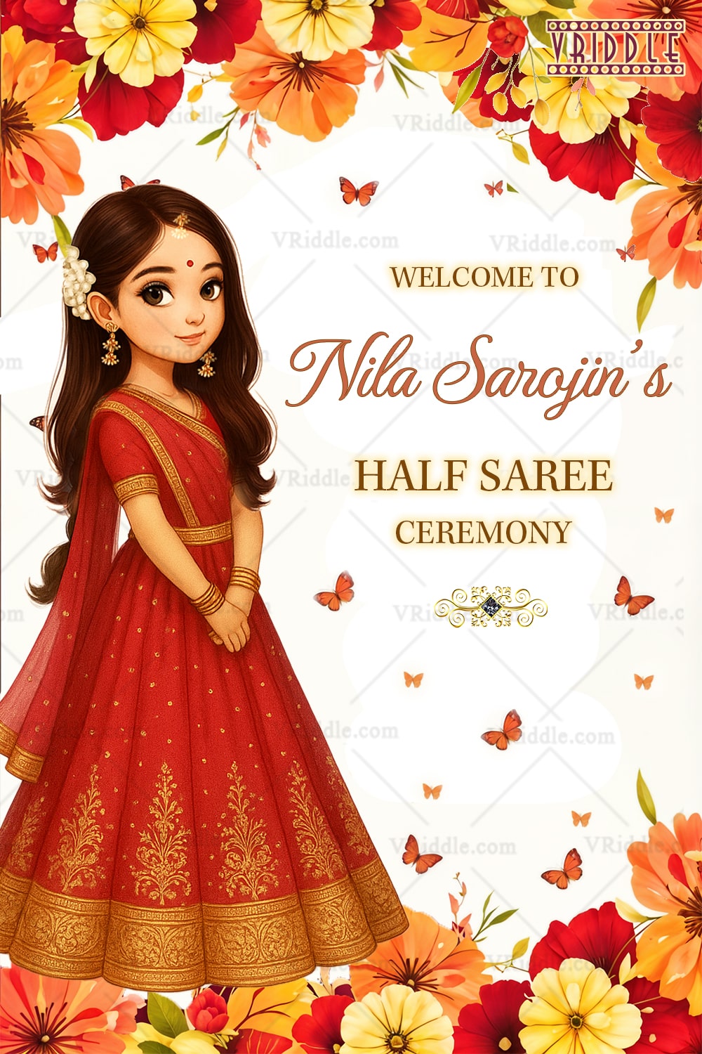 Floral Welcome Board Design for Half Saree Ceremony – Adorable Girl Illustration in Red Theme