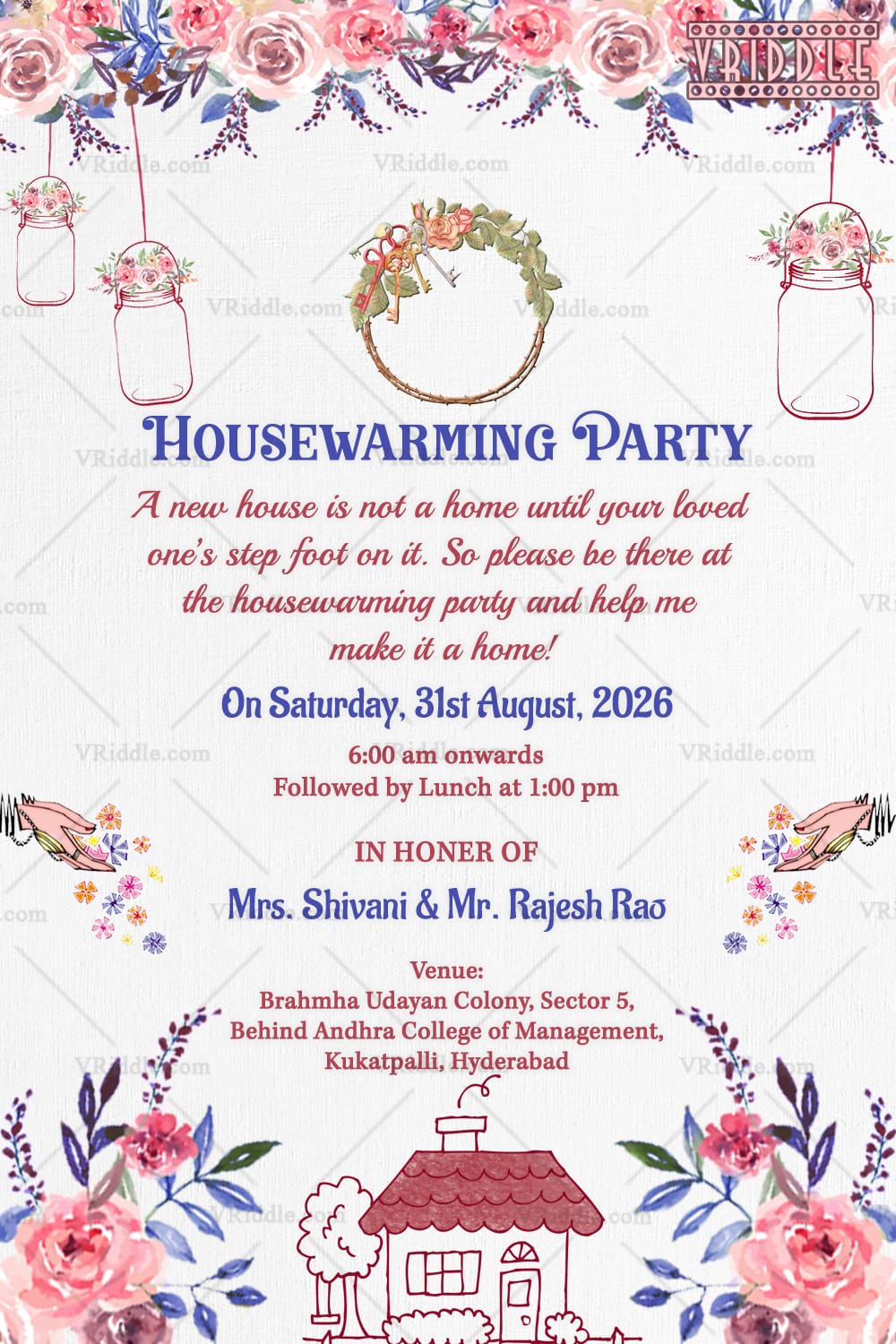 Rose Garland Housewarming Invitation Card with Elegant New Home and Cottage Theme