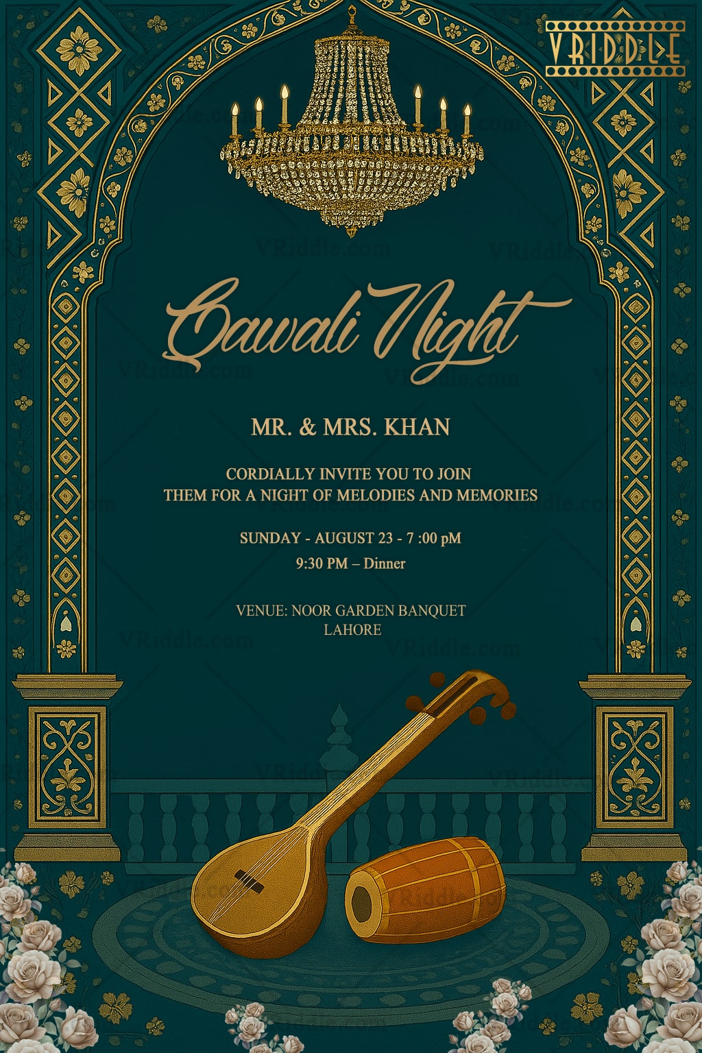 Royal Qawali Night Invitation Elegant Green and Gold Theme Musical Celebration