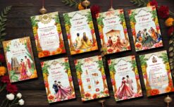 Royal South Indian Wedding Invitation Card Set with Event, Bride-Groom Illustrations & Floral Decor