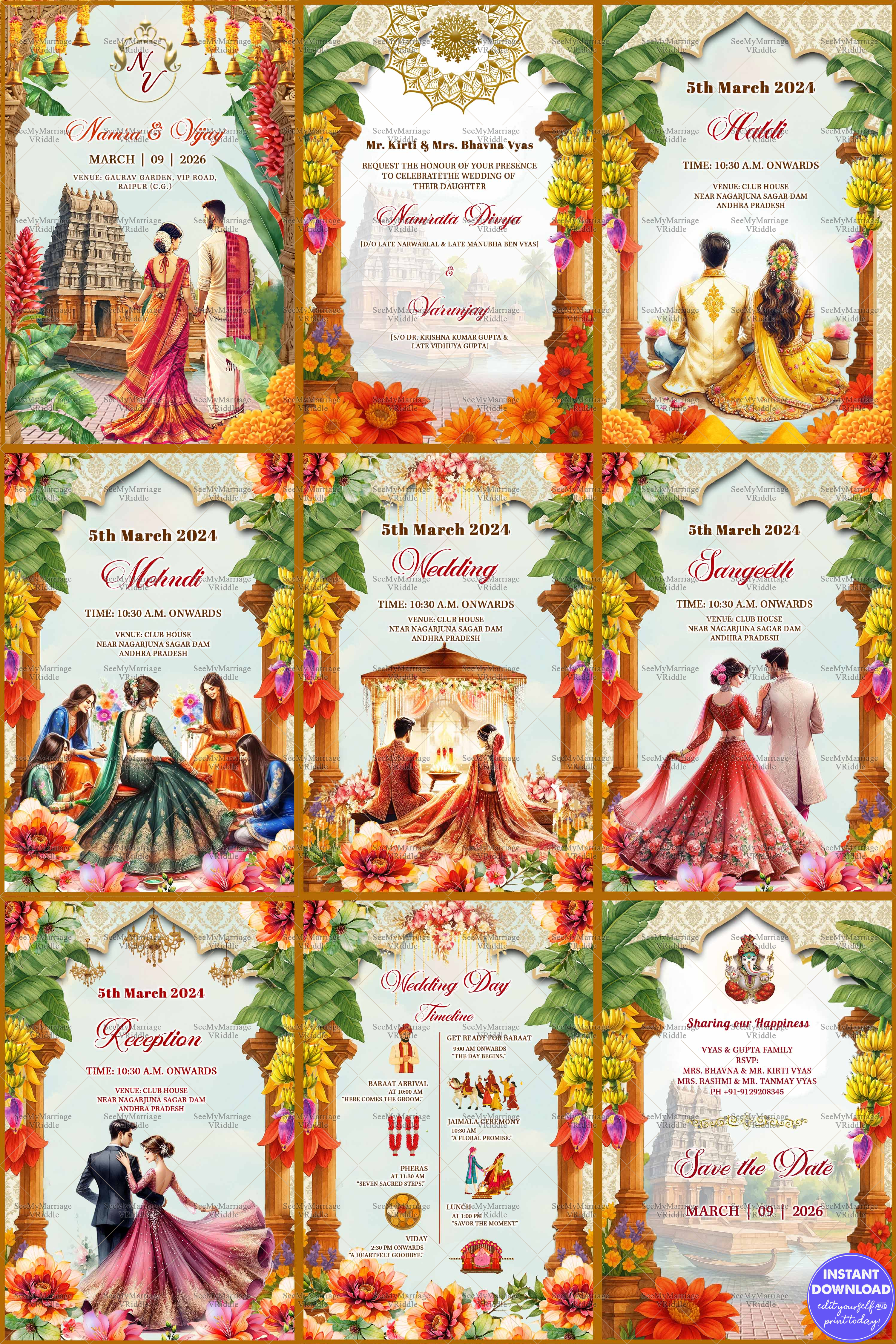 Royal South Indian Wedding Invitation Card Set with Event, Bride-Groom Illustrations & Floral Decor
