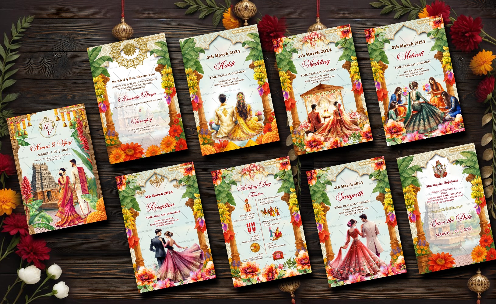 Royal South Indian Wedding Invitation Card Set with Event, Bride-Groom Illustrations & Floral Decor