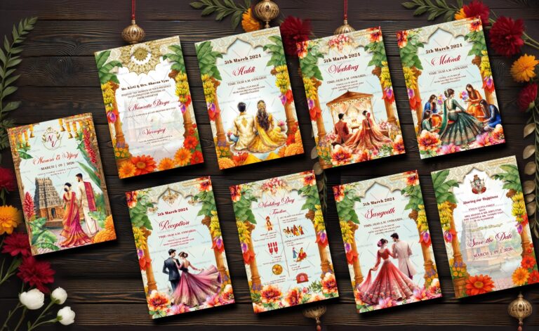 Royal South Indian Wedding Invitation Card Set with Event, Bride-Groom Illustrations & Floral Decor