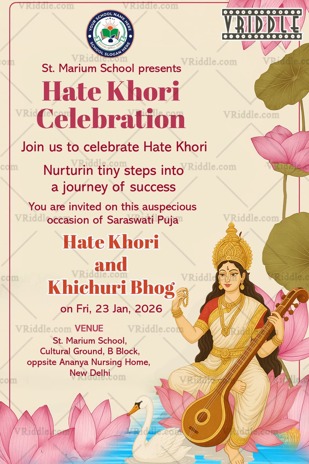 Saraswati Puja Hate Khori Invitation Card with Cream Theme and Lotus Design
