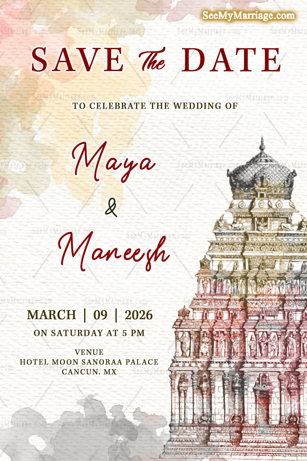 South Indian Temple Wedding Invitation with Watercolor Cream Background