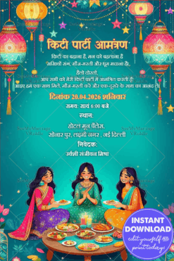 Teal Theme Hindi Kitty Party Invitation Card with Lanterns, Food & Fun Vibes for Ladies Gathering Illustration