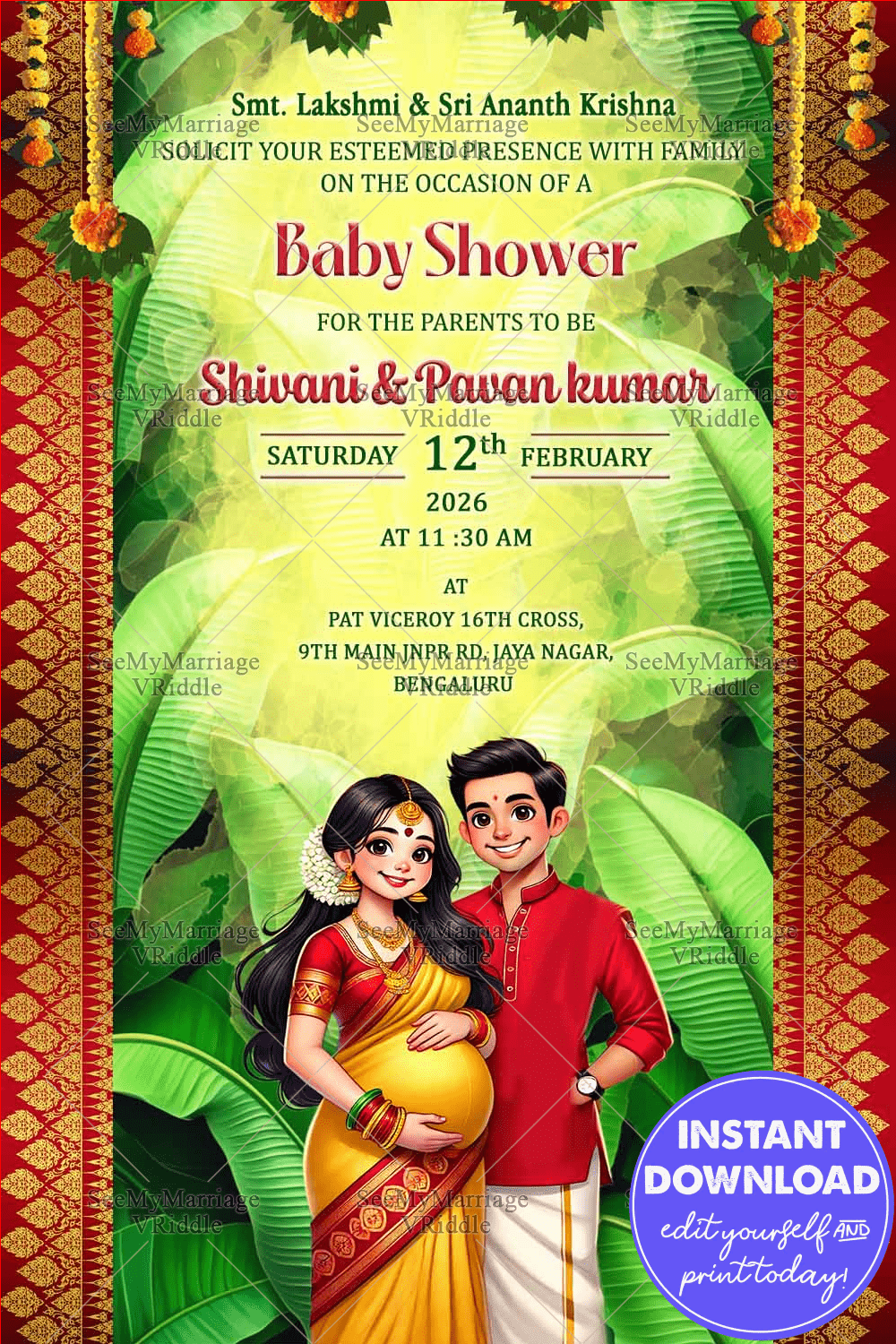Traditional Baby Shower Invitation with Couple Illustration in Banana Leaf Theme
