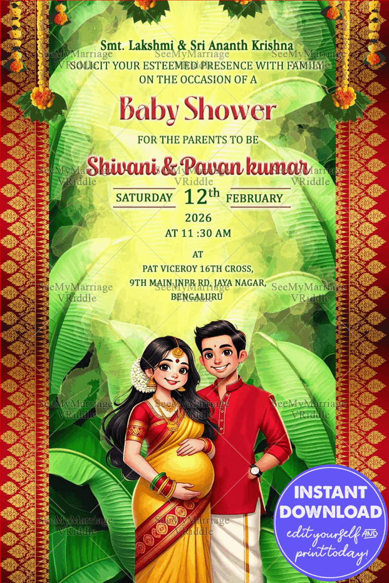 Traditional Baby Shower Invitation with Couple Illustration in Banana Leaf Theme