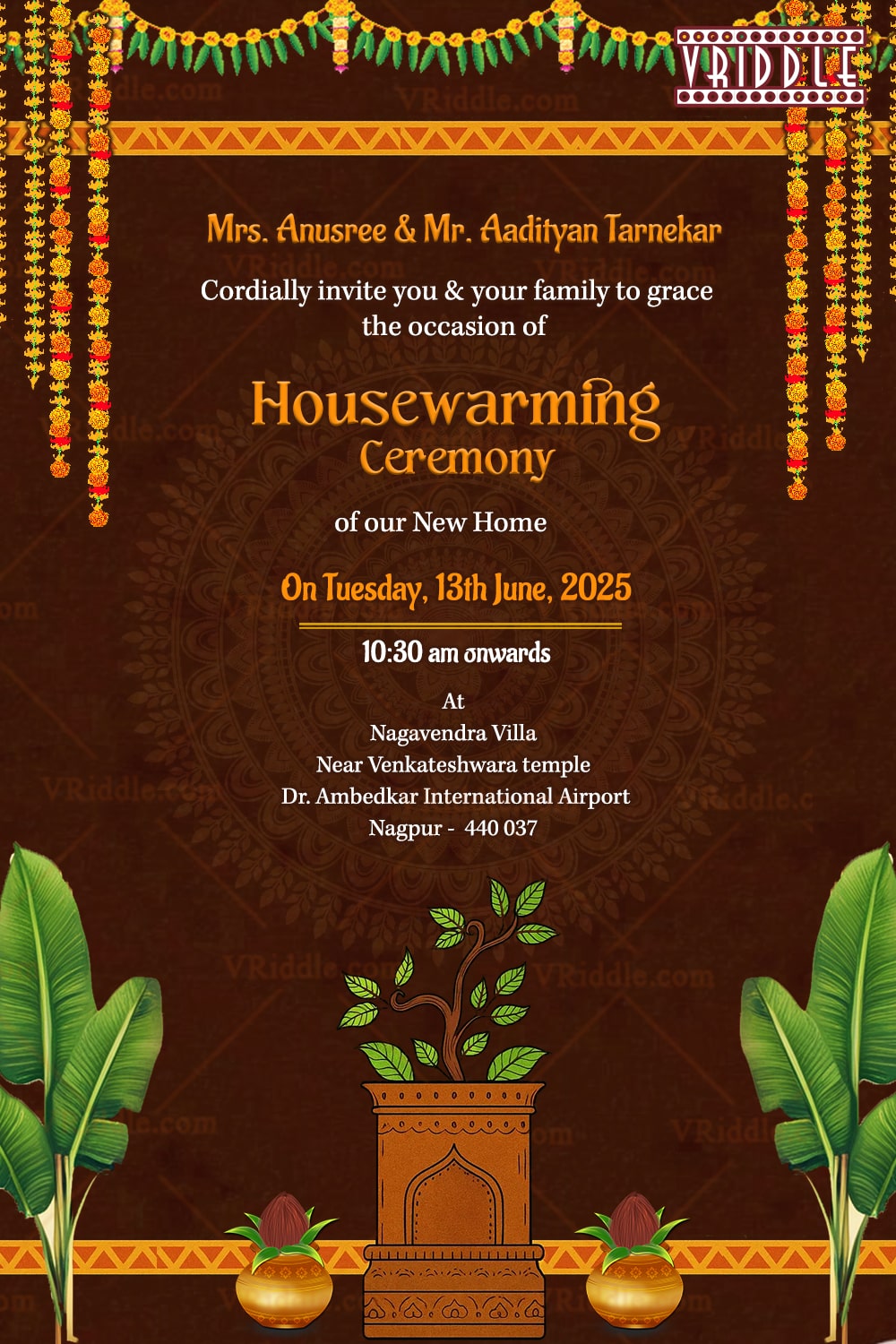 Traditional Brown Theme Housewarming Invitation Marigold Garlands and Banana Leaves