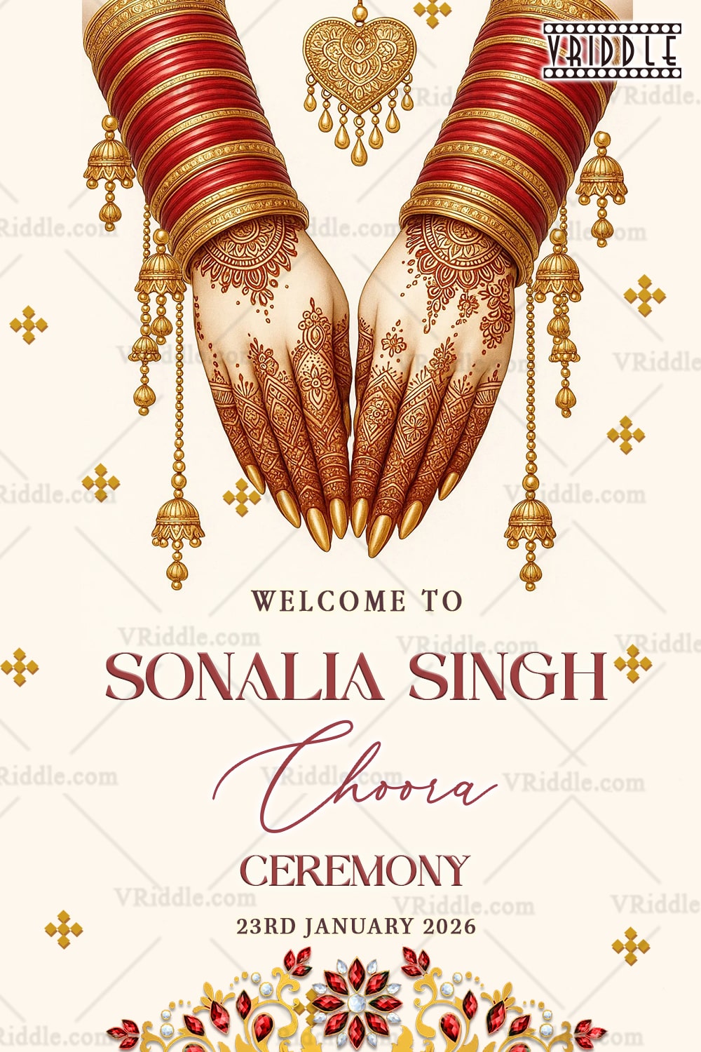 Traditional Choora Ceremony Invitation Card Bride’s Hand Illustration with Red Bangles in white BG