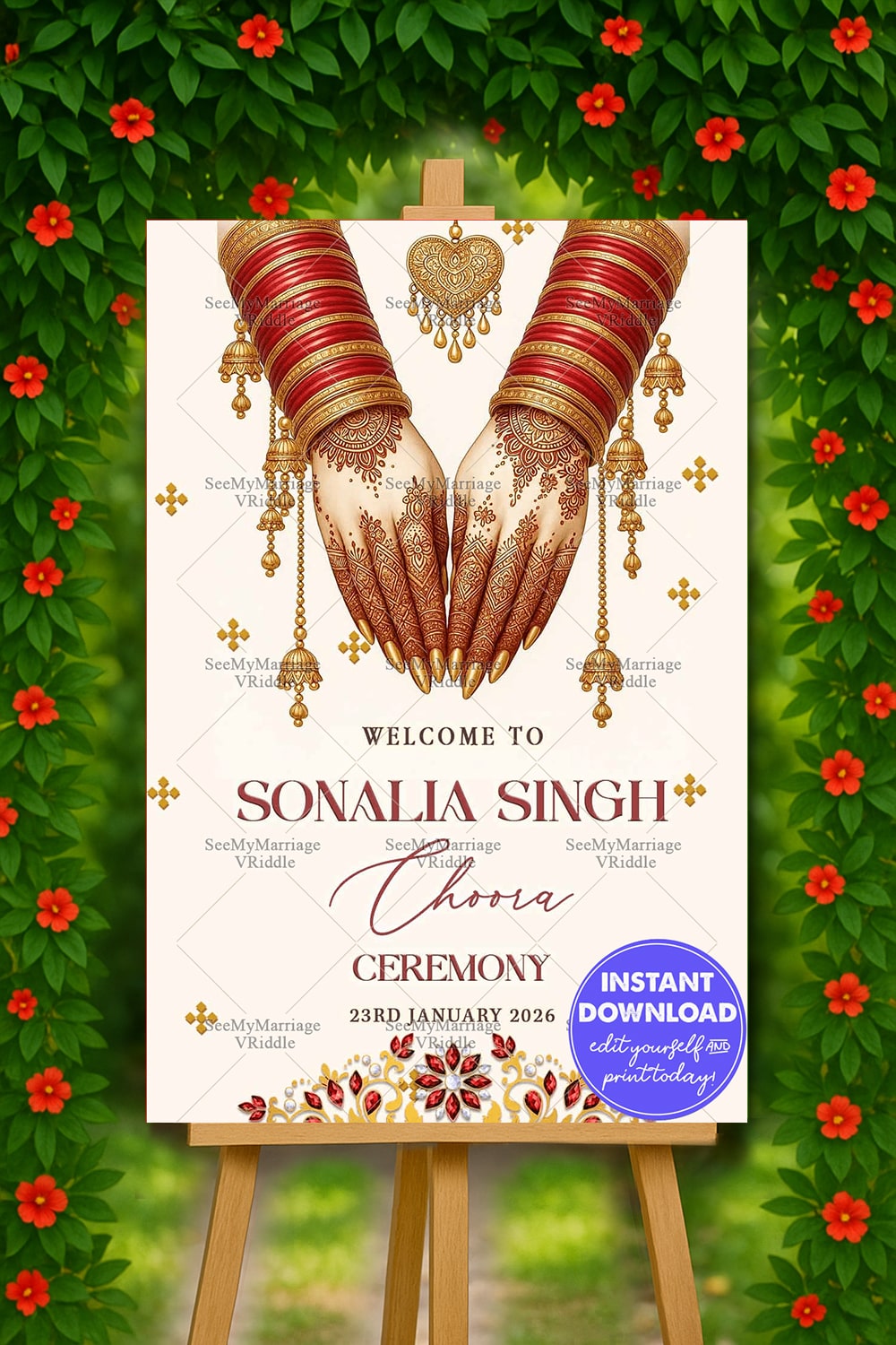 Traditional Choora Ceremony Welcome Sign Board Bride’s Hand Illustration with Red Bangles in white BG