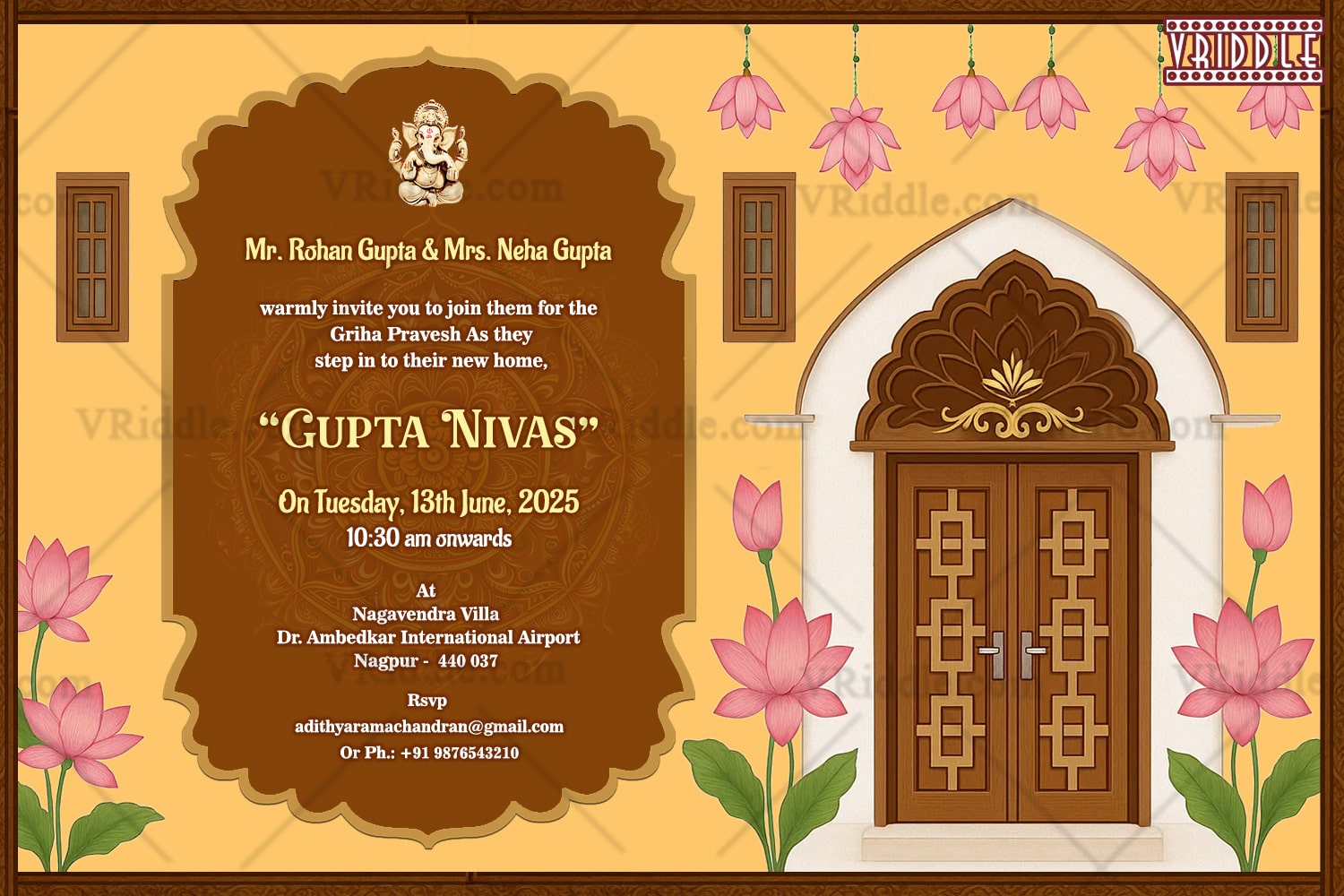 Celebrate a sacred new beginning with this beautifully crafted Indian Griha Pravesh (housewarming) invitation card, featuring a symbolic wooden door illustration, serene cream background, and divine pink lotus motifs. This elegant design captures the spirit of Indian tradition, ideal for welcoming loved ones into your new home with grace and culture. Perfect for Hindu housewarming ceremonies and pooja functions, this card sets the tone for a heartfelt and spiritual celebration.
