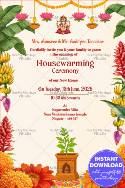 Traditional Housewarming Ceremony Invitation Banana Leaves Floral Garlands in White Background
