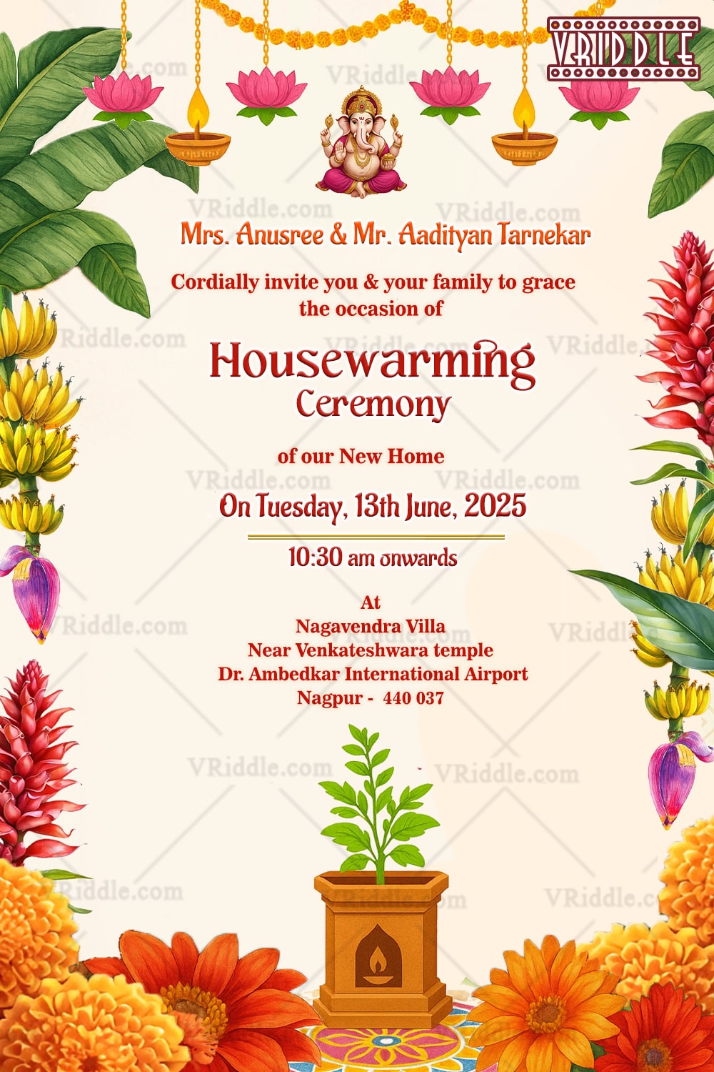 Traditional Housewarming Ceremony Invitation Banana Leaves Floral Garlands in White Background