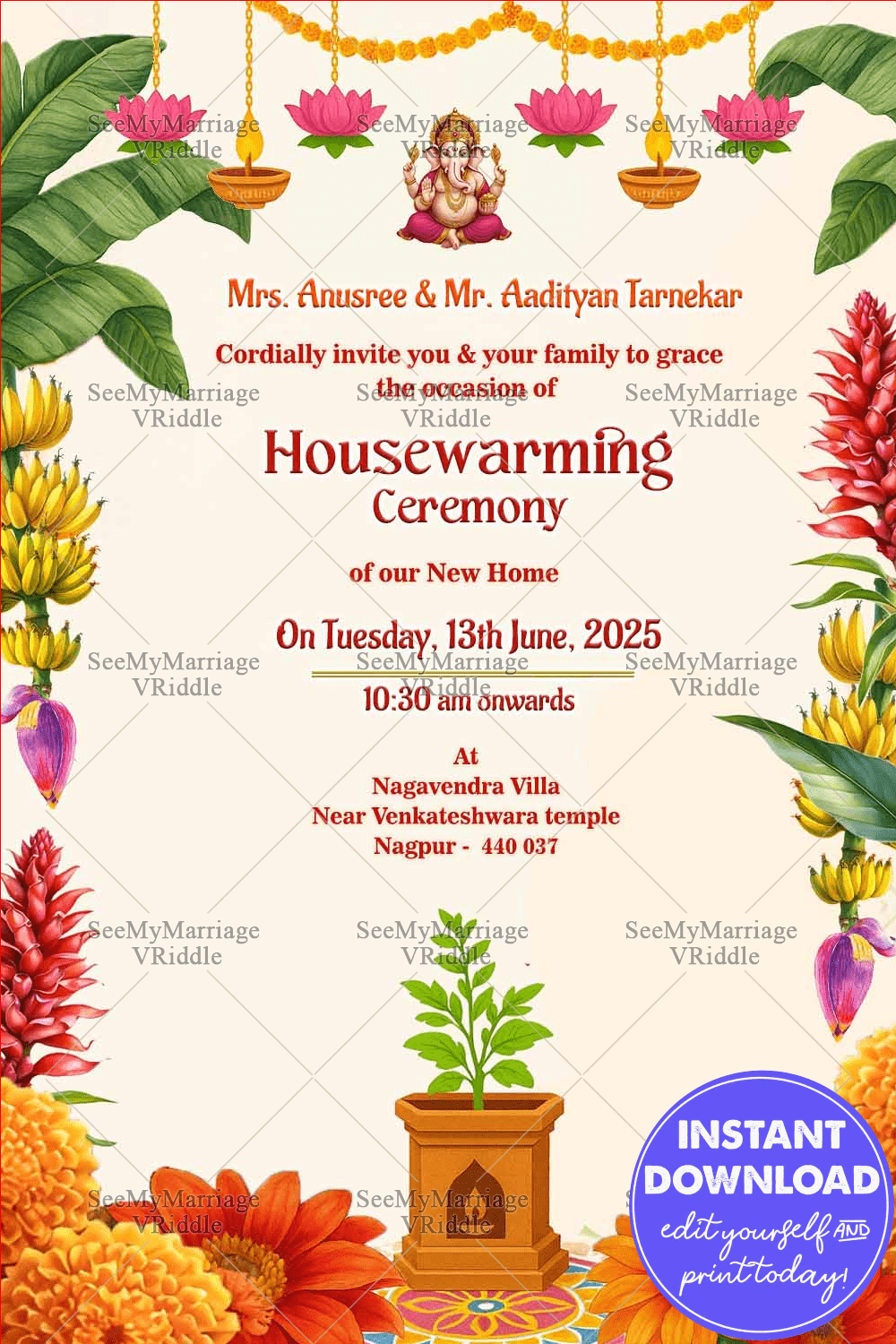 Traditional Housewarming Ceremony Invitation Banana Leaves Floral Garlands in White Background