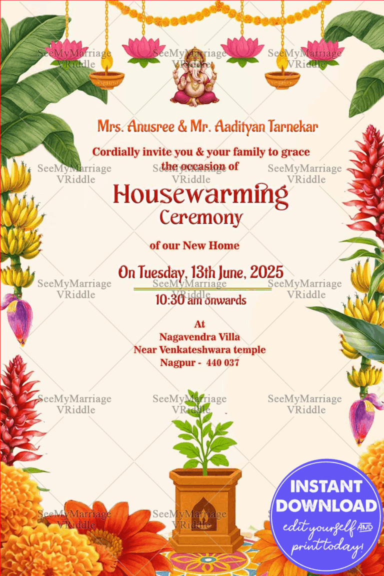 Traditional Housewarming Ceremony Invitation Banana Leaves Floral Garlands in White Background